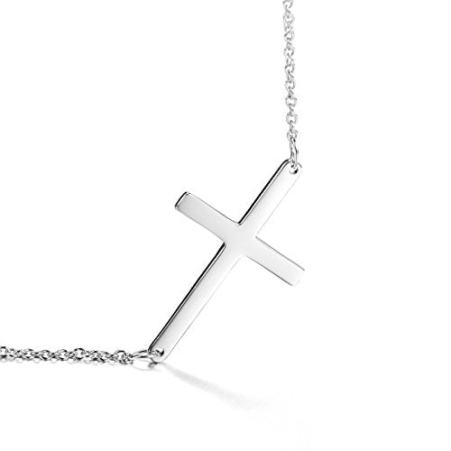 thumbnail image 2 of Silver Stainless Steel Sideways Cross Pendant Necklace – 16-18" Adjustable Chain – Titanium Metal 2 of 3